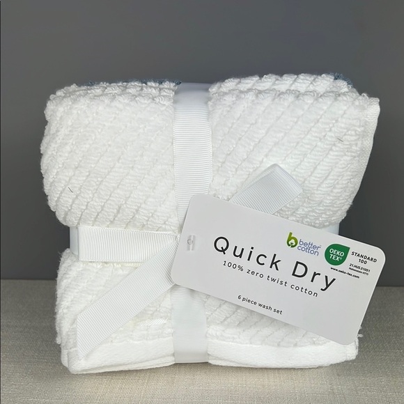 Quick Dry Wash Cloth Set 3 White 3 Blue Textured 100% Zero Twist Cotton 6 pc NEW - Picture 1 of 6